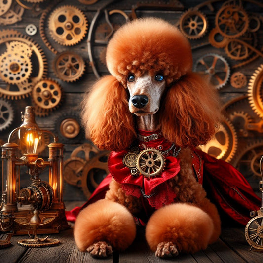Steam Punk Red Standard Poodle With Red Cape- Fine Art Greeting Card